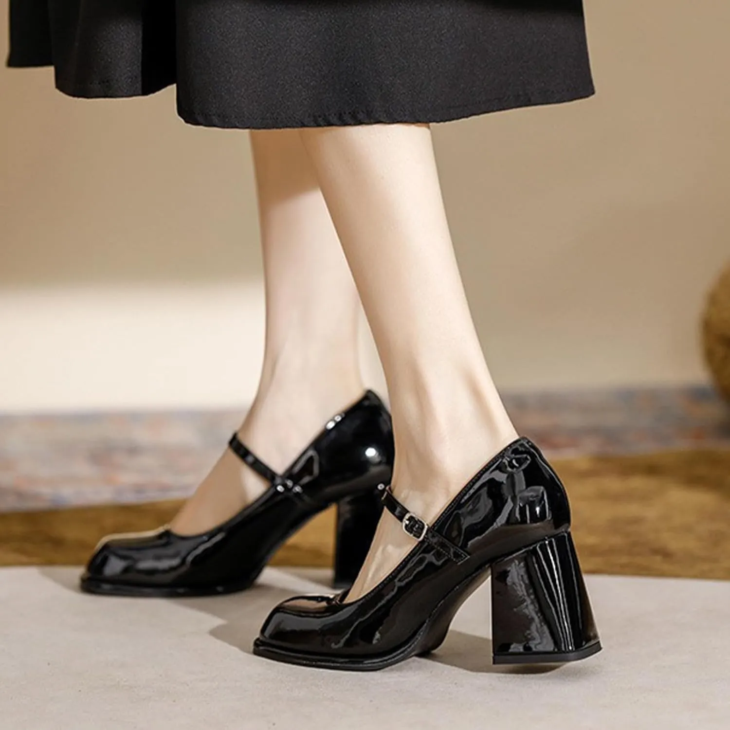 Women's Patent Leather Block Heel Mary Janes with Adjustable Ankle Strap Square Toe Mid Chunky Heel Comfort Strappy Uniform Dress Wedding Party Pumps Shoes