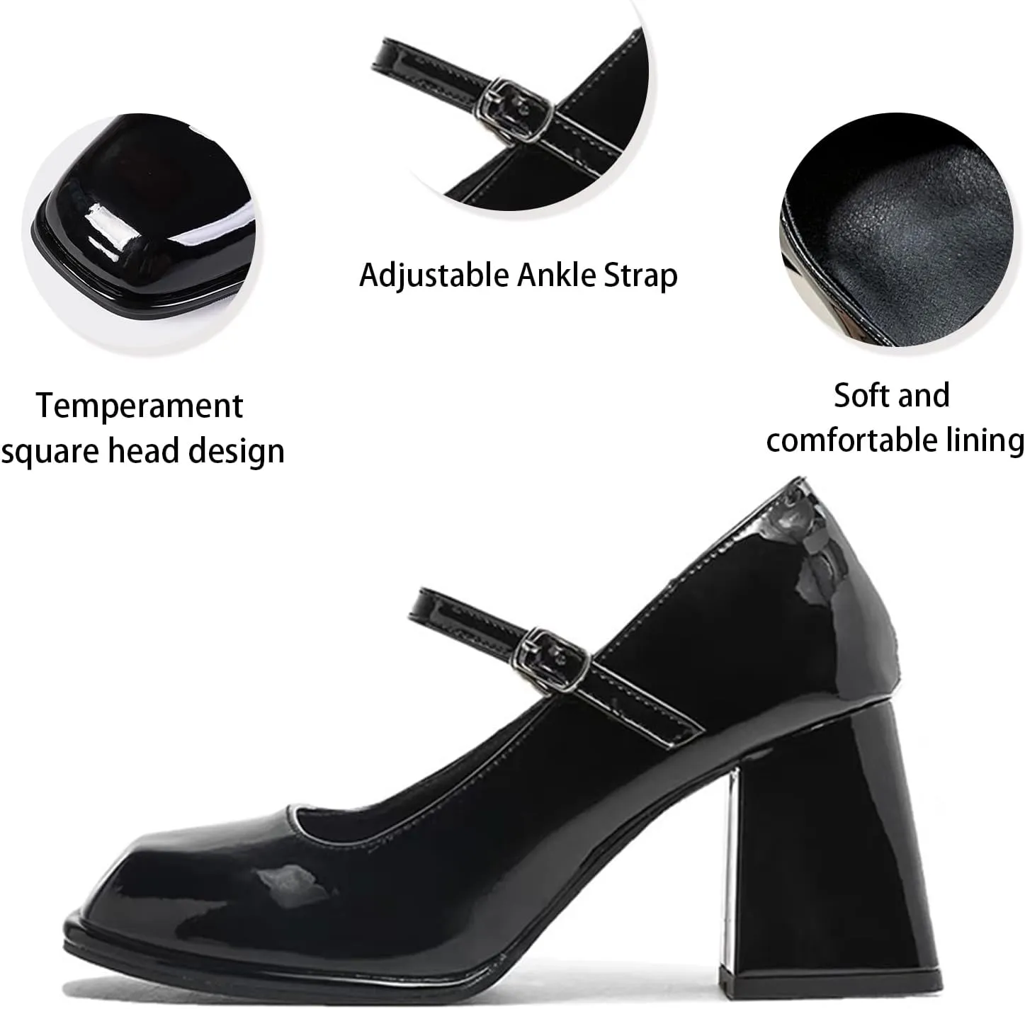 Women's Patent Leather Block Heel Mary Janes with Adjustable Ankle Strap Square Toe Mid Chunky Heel Comfort Strappy Uniform Dress Wedding Party Pumps Shoes