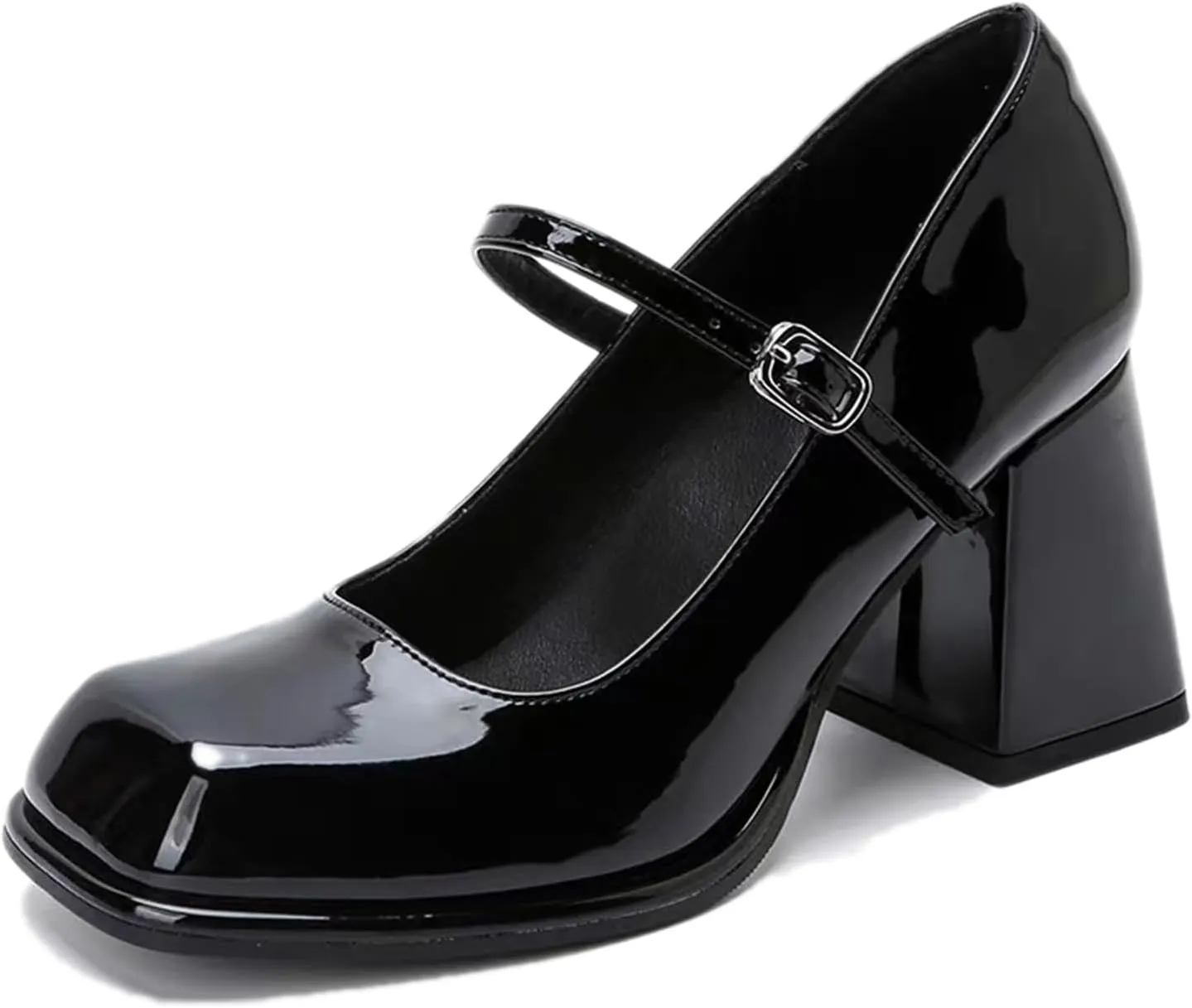 Women's Patent Leather Block Heel Mary Janes with Adjustable Ankle Strap Square Toe Mid Chunky Heel Comfort Strappy Uniform Dress Wedding Party Pumps Shoes