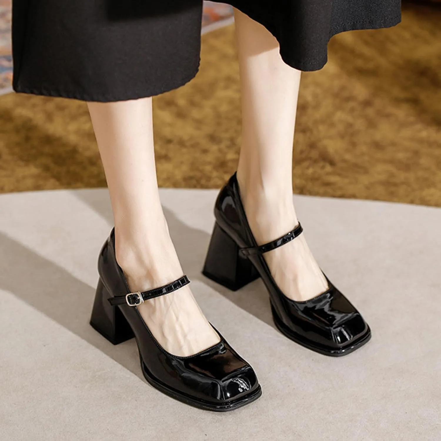 Women's Patent Leather Block Heel Mary Janes with Adjustable Ankle Strap Square Toe Mid Chunky Heel Comfort Strappy Uniform Dress Wedding Party Pumps Shoes