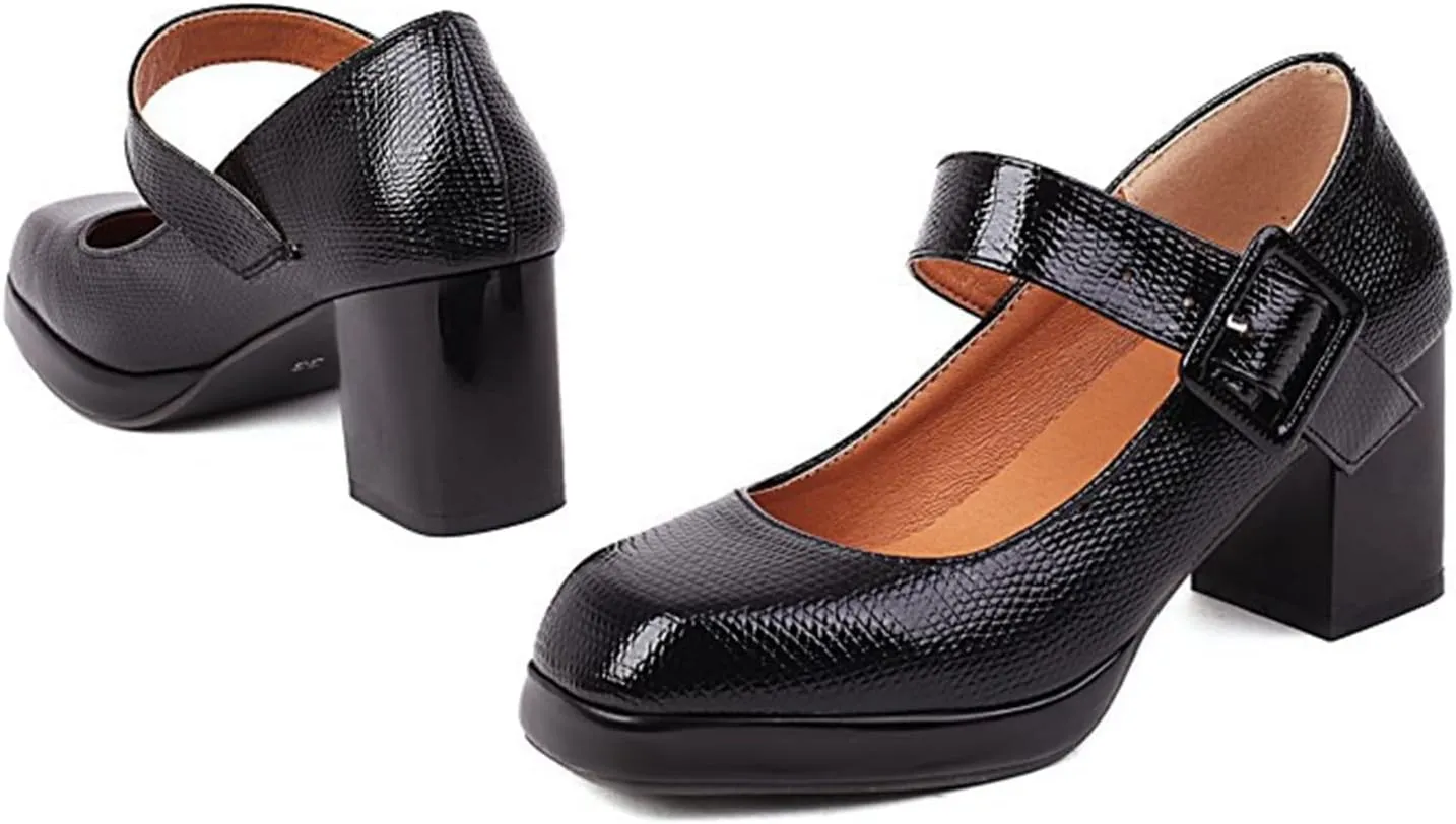 Women's Platform Chunky High Heels Square Toe Block Heel Mary Janes PU Leather Dress Pumps Shoes