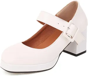 Women's Platform Chunky High Heels Square Toe Block Heel Mary Janes PU Leather Dress Pumps Shoes