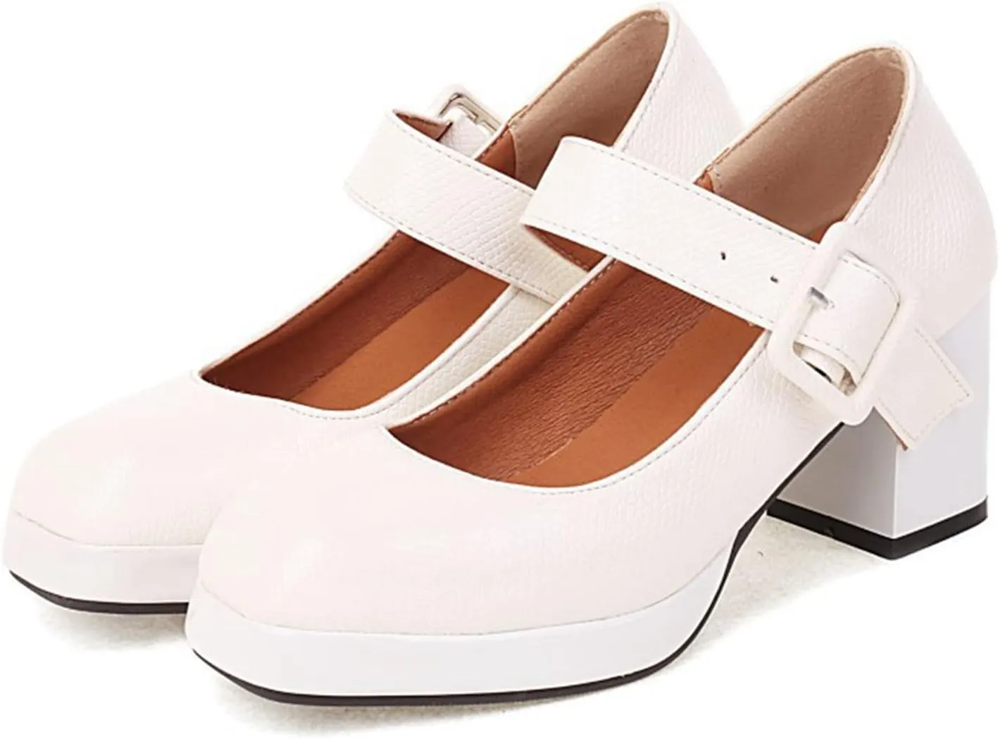 Women's Platform Chunky High Heels Square Toe Block Heel Mary Janes PU Leather Dress Pumps Shoes