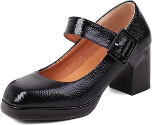 Women's Platform Chunky High Heels Square Toe Block Heel Mary Janes PU Leather Dress Pumps Shoes
