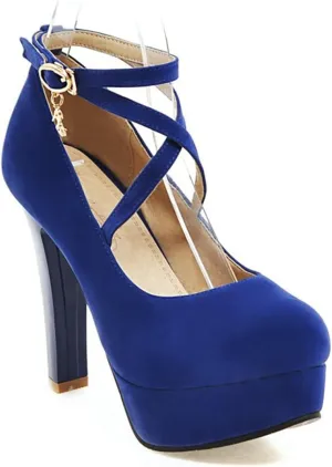 Women's Platform High Heels Closed Toe Pumps Strappy Cross Ankle Strap Suede Wedding Prom Party Shoes