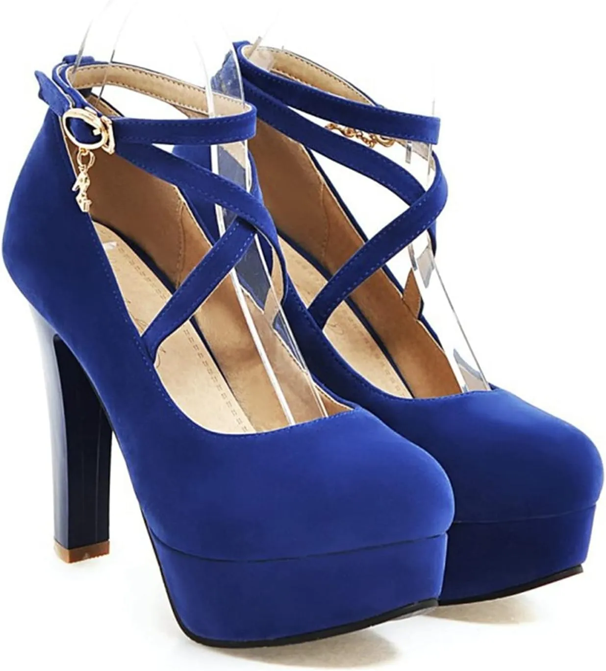 Women's Platform High Heels Closed Toe Pumps Strappy Cross Ankle Strap Suede Wedding Prom Party Shoes