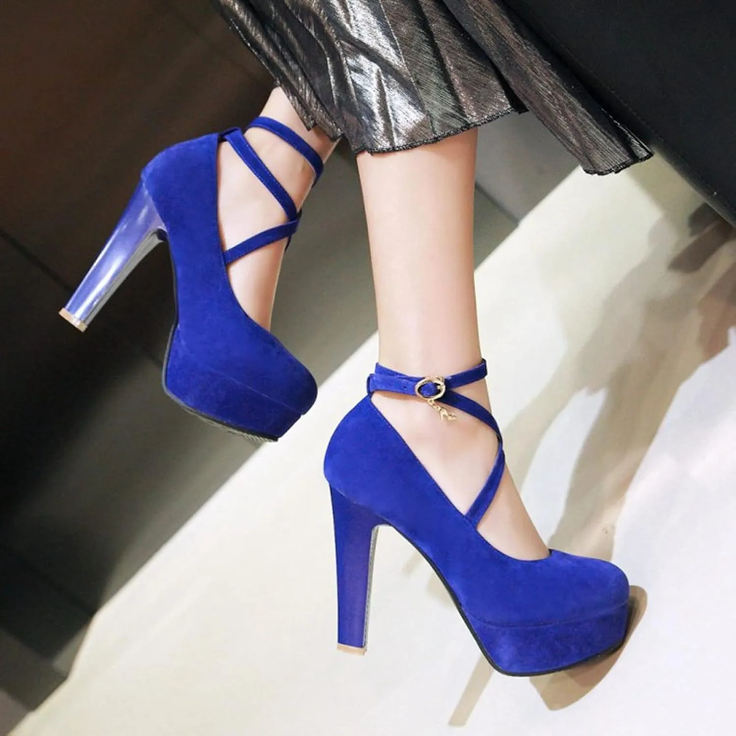 Women's Platform High Heels Closed Toe Pumps Strappy Cross Ankle Strap Suede Wedding Prom Party Shoes