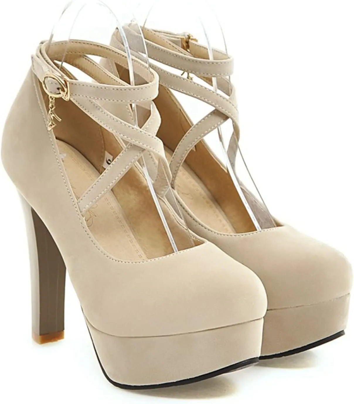 Women's Platform High Heels Closed Toe Pumps Strappy Cross Ankle Strap Suede Wedding Prom Party Shoes