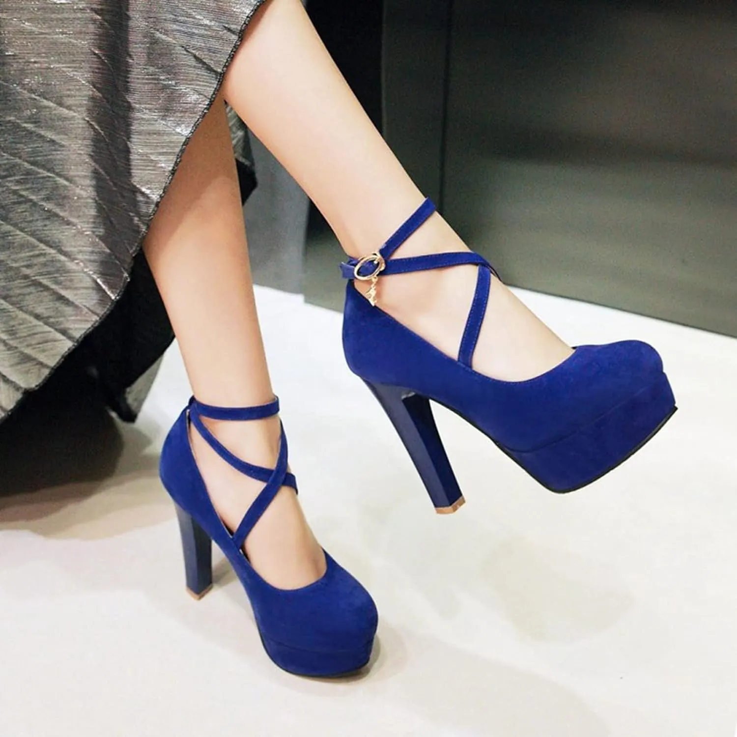 Women's Platform High Heels Closed Toe Pumps Strappy Cross Ankle Strap Suede Wedding Prom Party Shoes