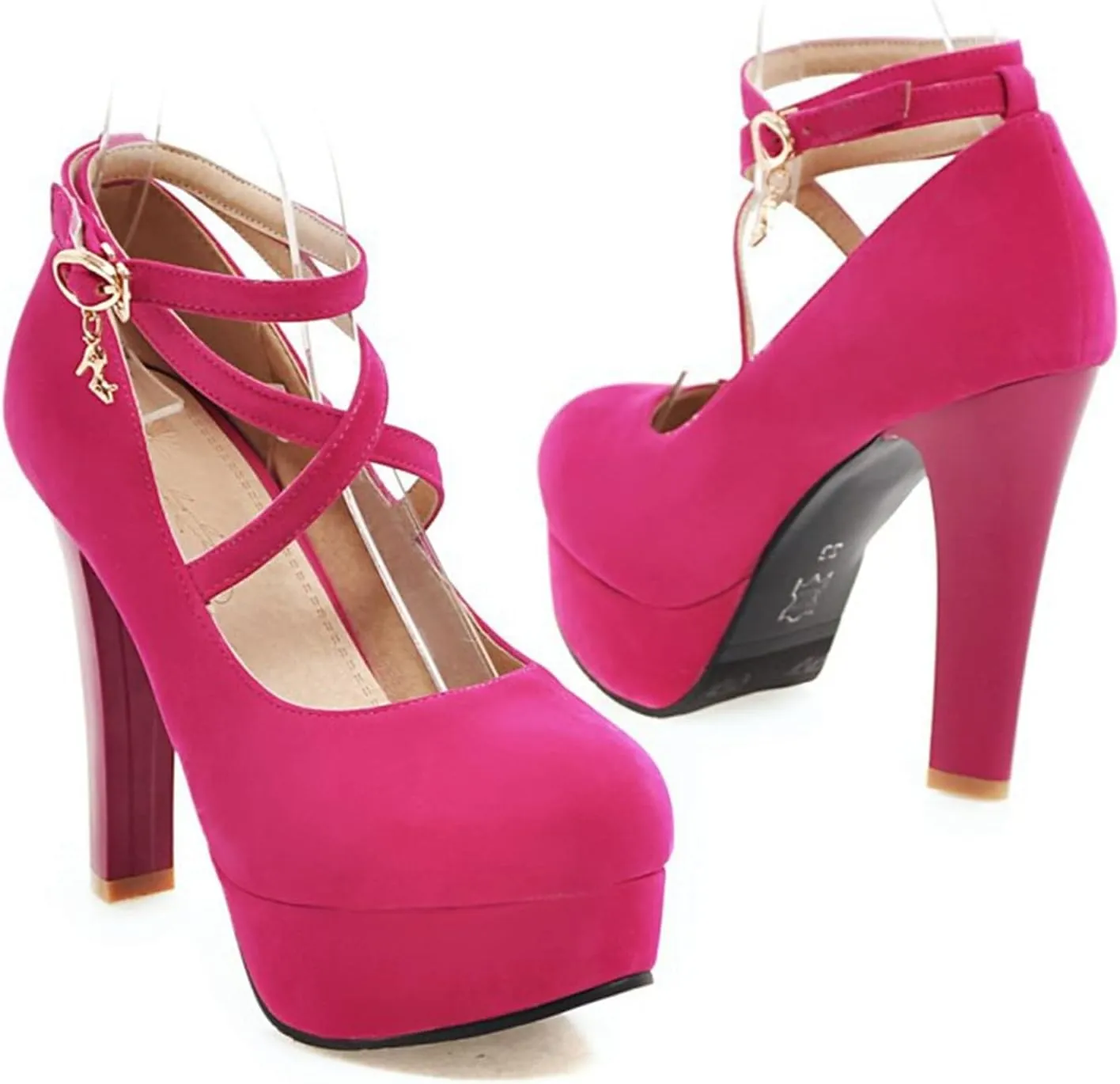 Women's Platform High Heels Closed Toe Pumps Strappy Cross Ankle Strap Suede Wedding Prom Party Shoes