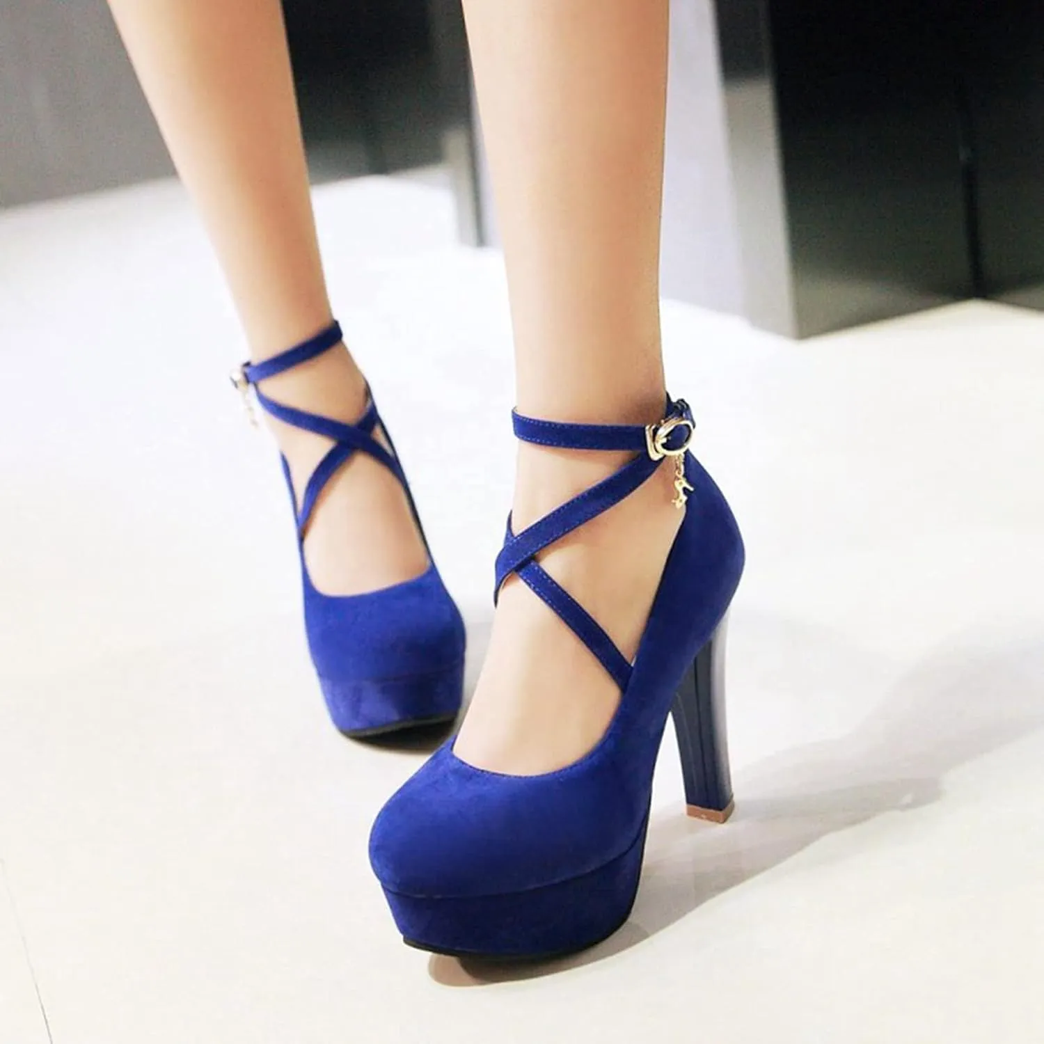 Women's Platform High Heels Closed Toe Pumps Strappy Cross Ankle Strap Suede Wedding Prom Party Shoes