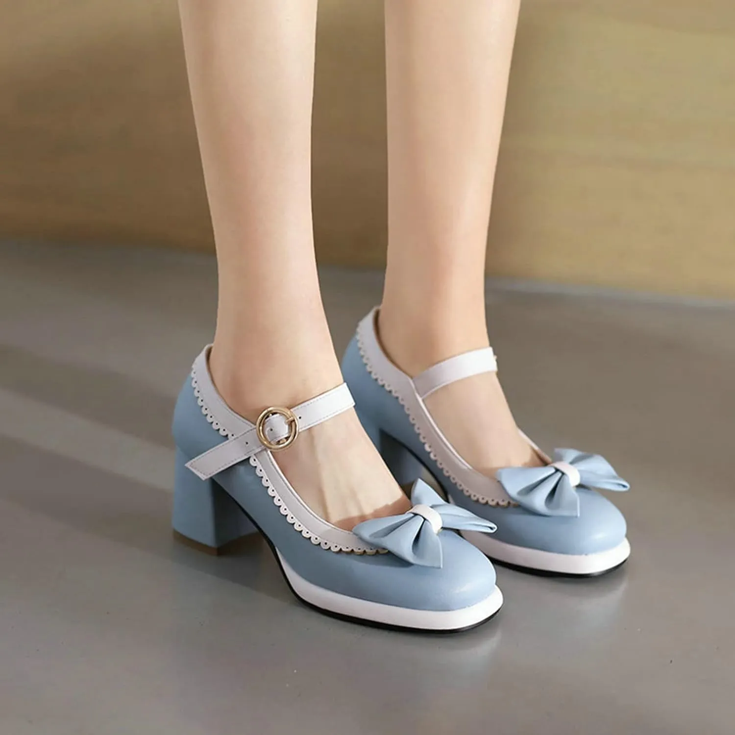 Women's Platform Mary Jane Pumps Two Tone Sweet Bow Buckle Strap Square Toe Mid Chunky Heel Dress Shoes