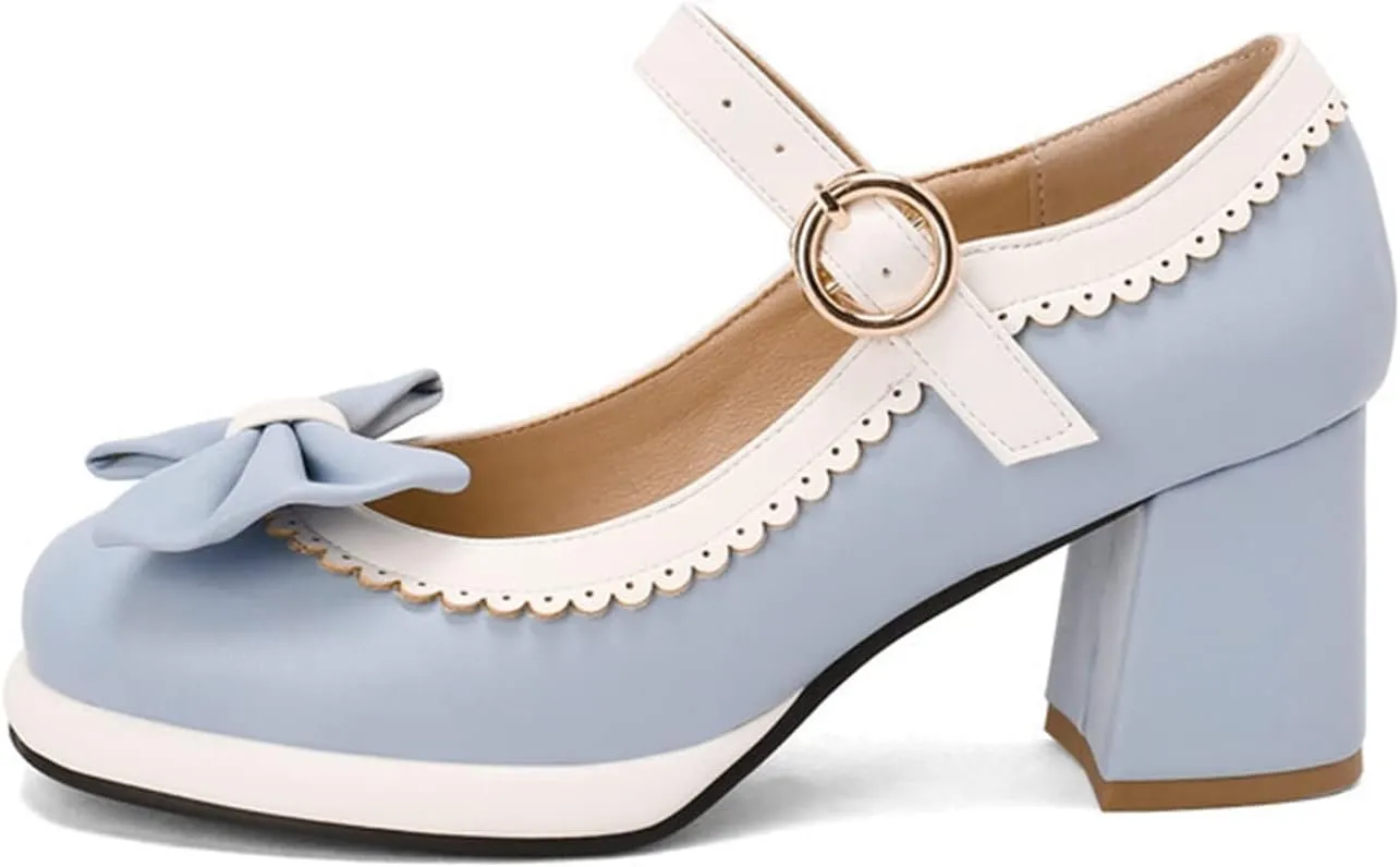 Women's Platform Mary Jane Pumps Two Tone Sweet Bow Buckle Strap Square Toe Mid Chunky Heel Dress Shoes