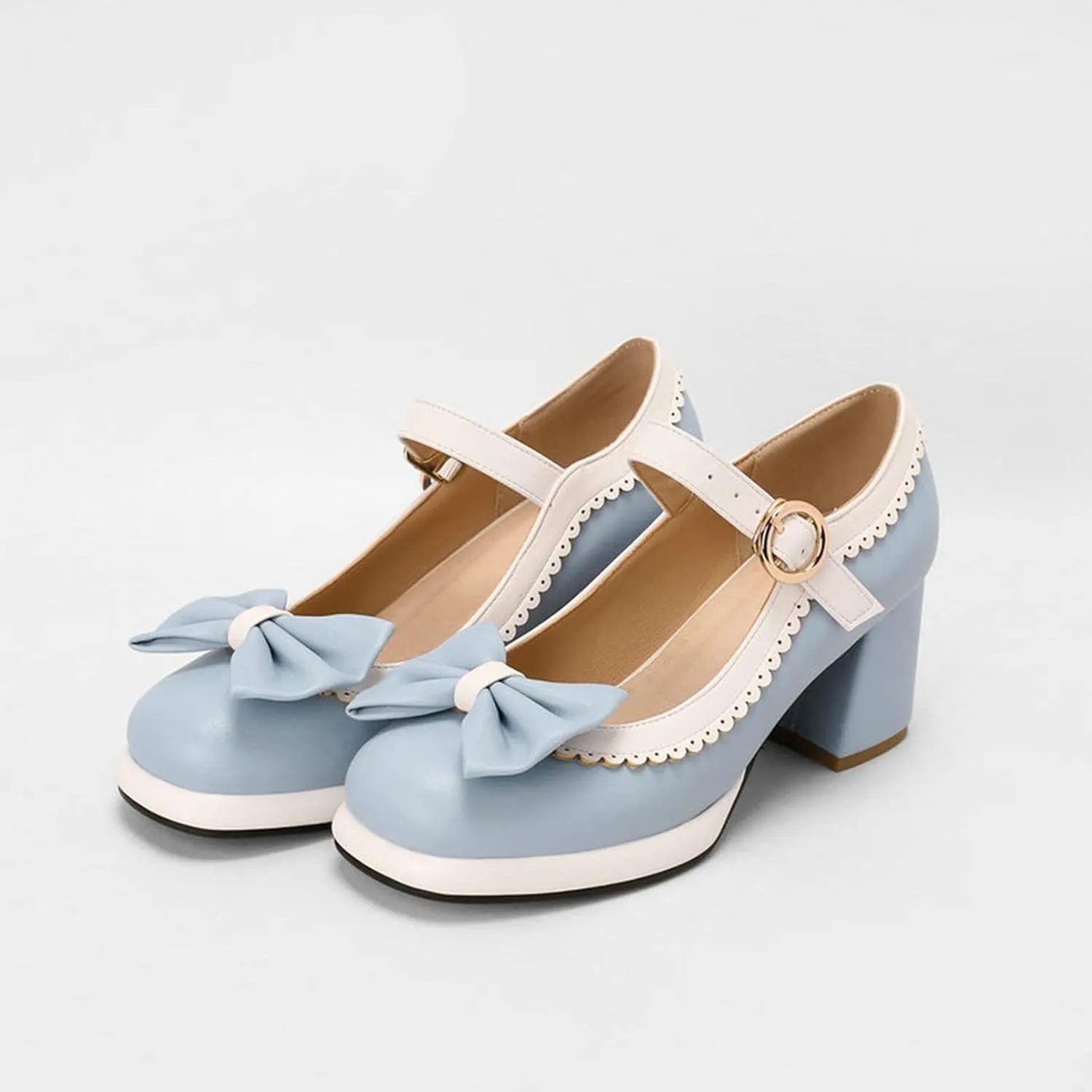 Women's Platform Mary Jane Pumps Two Tone Sweet Bow Buckle Strap Square Toe Mid Chunky Heel Dress Shoes