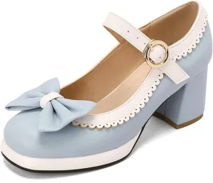 Women's Platform Mary Jane Pumps Two Tone Sweet Bow Buckle Strap Square Toe Mid Chunky Heel Dress Shoes