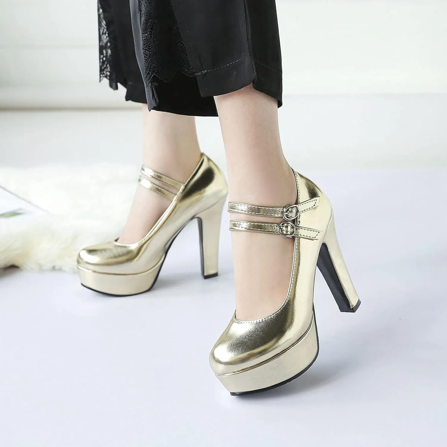 Women's Platform Round Toe Party Shoes Ankle Buckle Strap Sexy Fashion High Heel Dress Pumps