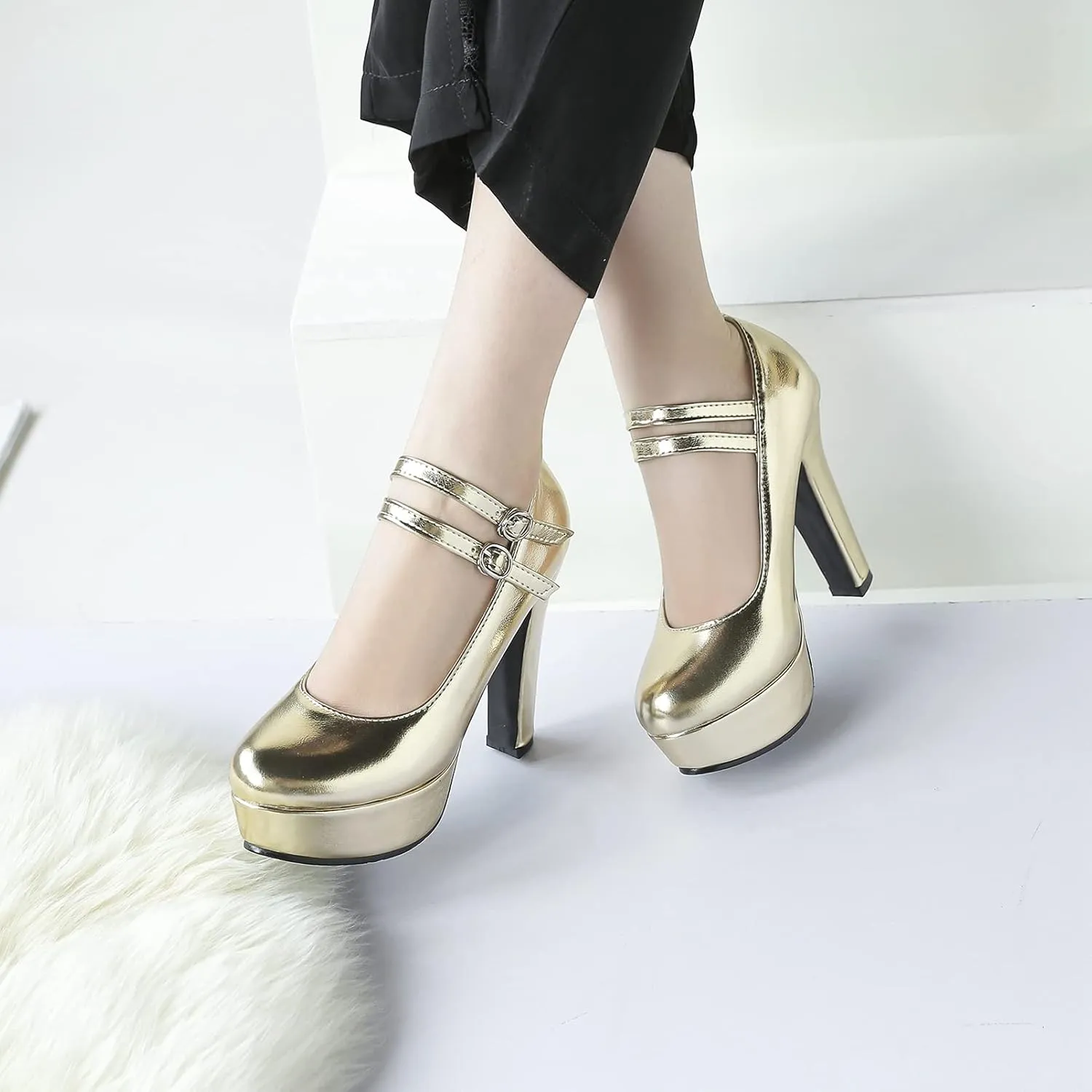 Women's Platform Round Toe Party Shoes Ankle Buckle Strap Sexy Fashion High Heel Dress Pumps