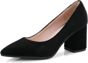 Womens Pointed Toe Slip On Pumps Chunky High Heel Casual Faux Suede Fashion Office Work Dress Shoes