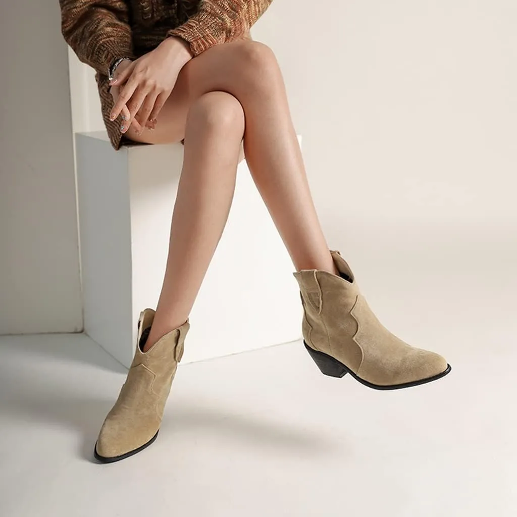 Women's Pointed Toe Western Ankle Boots Pull On Chunky Block Mid Heel Cowboy Dressy Short Booties