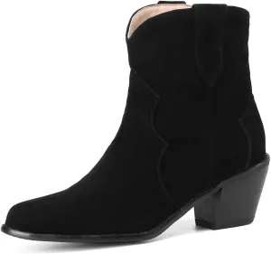 Women's Pointed Toe Western Ankle Boots Pull On Chunky Block Mid Heel Cowboy Dressy Short Booties