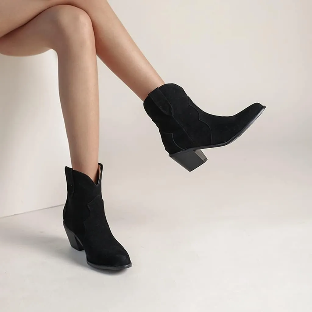 Women's Pointed Toe Western Ankle Boots Pull On Chunky Block Mid Heel Cowboy Dressy Short Booties