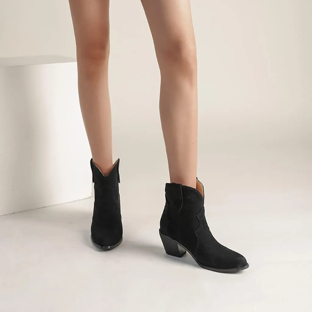 Women's Pointed Toe Western Ankle Boots Pull On Chunky Block Mid Heel Cowboy Dressy Short Booties
