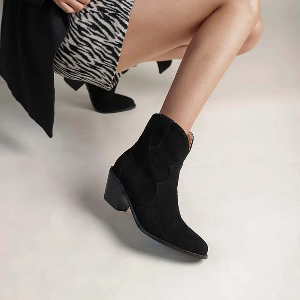 Women's Pointed Toe Western Ankle Boots Pull On Chunky Block Mid Heel Cowboy Dressy Short Booties