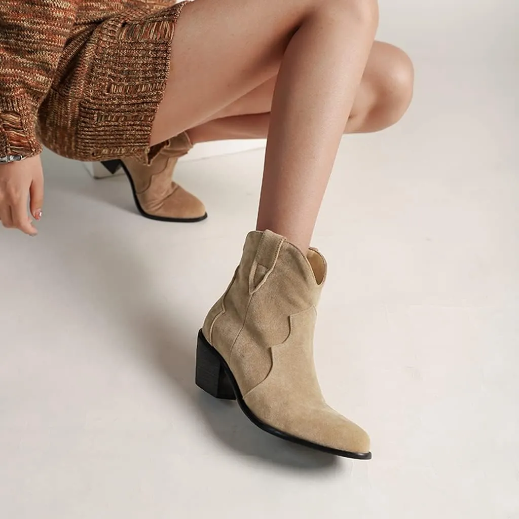 Women's Pointed Toe Western Ankle Boots Pull On Chunky Block Mid Heel Cowboy Dressy Short Booties