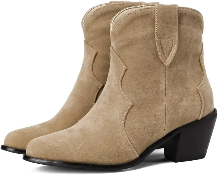 Women's Pointed Toe Western Ankle Boots Pull On Chunky Block Mid Heel Cowboy Dressy Short Booties