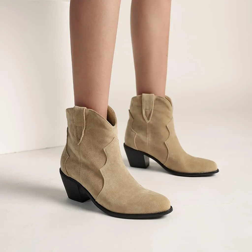 Women's Pointed Toe Western Ankle Boots Pull On Chunky Block Mid Heel Cowboy Dressy Short Booties