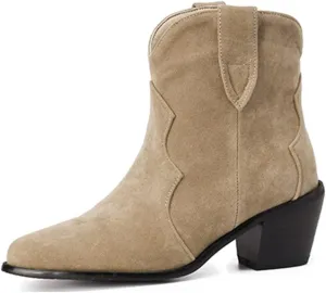 Women's Pointed Toe Western Ankle Boots Pull On Chunky Block Mid Heel Cowboy Dressy Short Booties