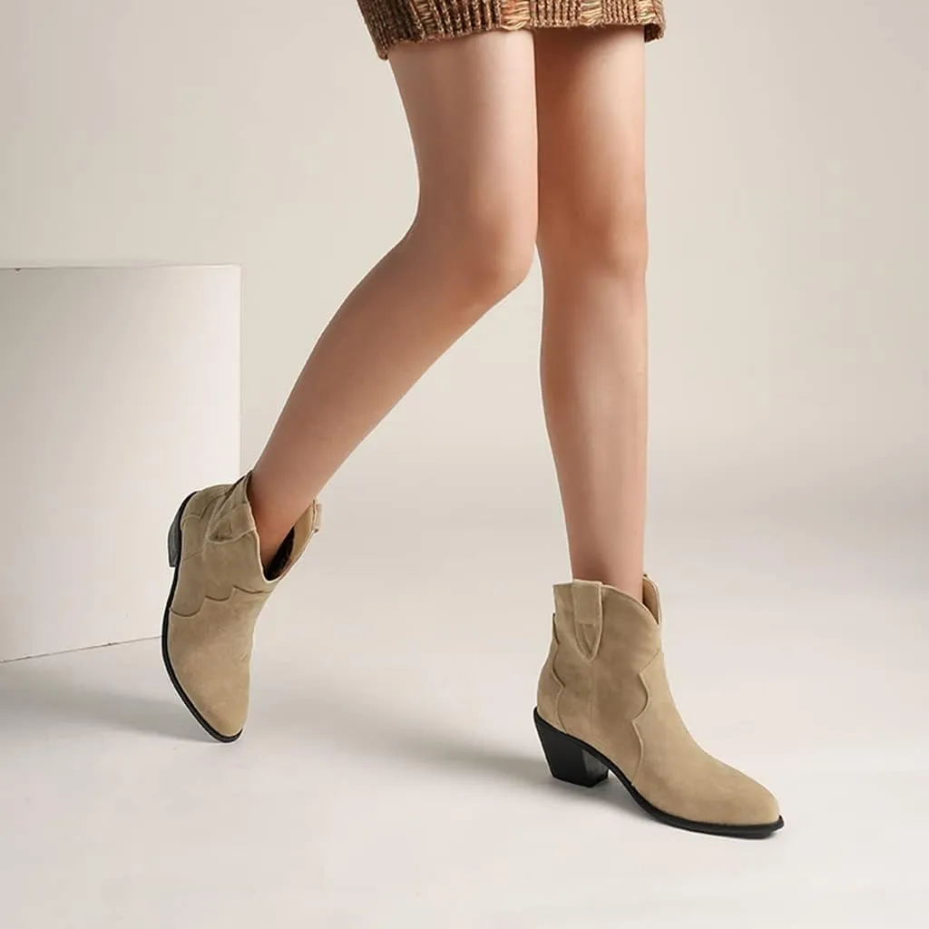 Women's Pointed Toe Western Ankle Boots Pull On Chunky Block Mid Heel Cowboy Dressy Short Booties