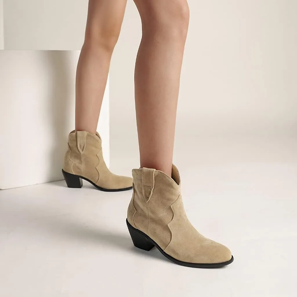 Women's Pointed Toe Western Ankle Boots Pull On Chunky Block Mid Heel Cowboy Dressy Short Booties