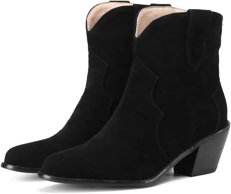 Women's Pointed Toe Western Ankle Boots Pull On Chunky Block Mid Heel Cowboy Dressy Short Booties