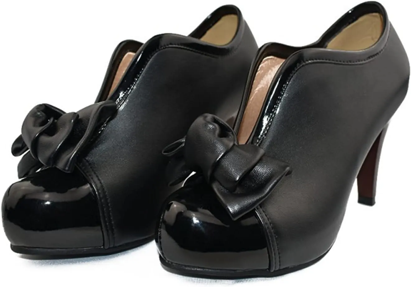 Women's Retro Bowknot Stiletto Pumps Closed Toe Two Tone V Cut High Heel Dressy Ankle Boots