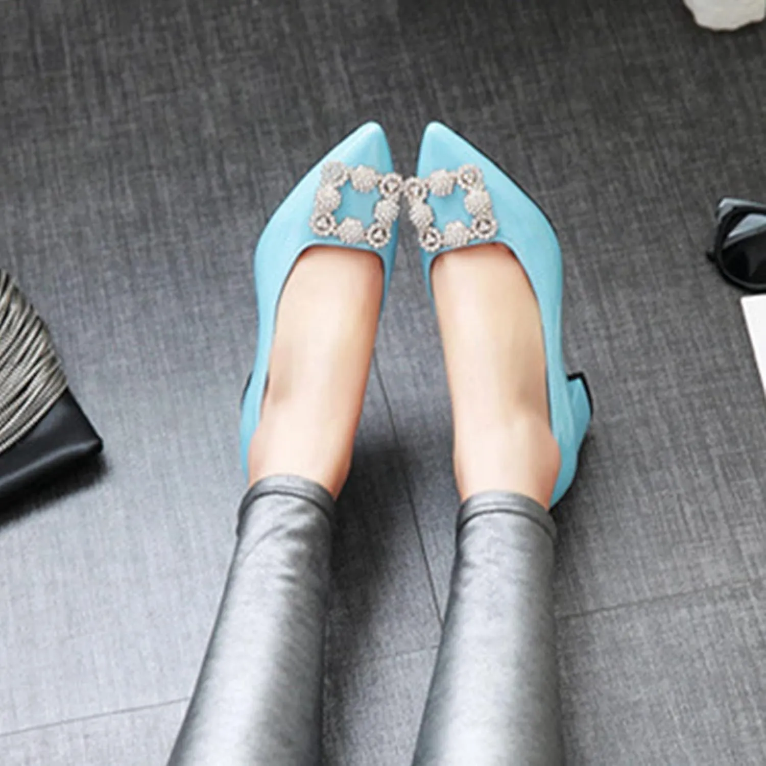 Women's Rhinestone Buckle Dress Pumps Fashion Chunky Heel Comfort Pointed Toe Wedding Party Shoes