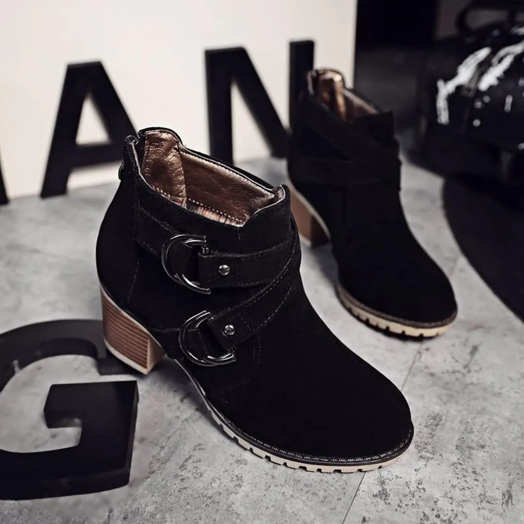 Women's Round Toe Buckle Dressy Ankle Boots Back Zipper Stacked Mid Heel Dress Office Short Booties