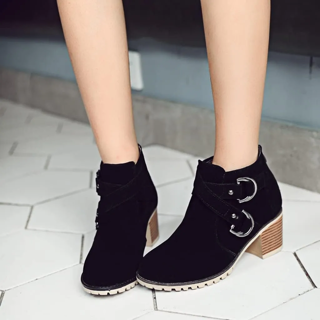 Women's Round Toe Buckle Dressy Ankle Boots Back Zipper Stacked Mid Heel Dress Office Short Booties