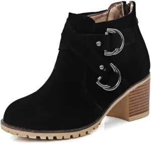 Women's Round Toe Buckle Dressy Ankle Boots Back Zipper Stacked Mid Heel Dress Office Short Booties