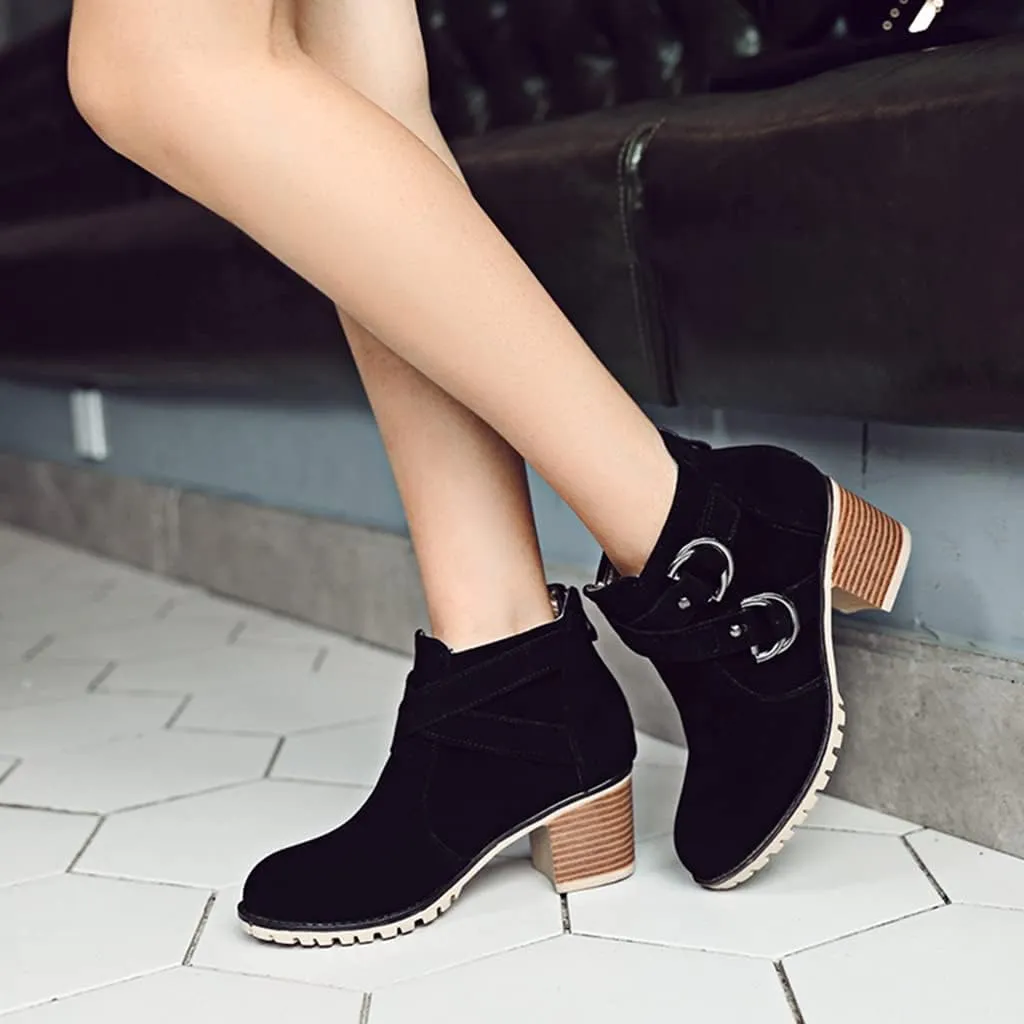 Women's Round Toe Buckle Dressy Ankle Boots Back Zipper Stacked Mid Heel Dress Office Short Booties