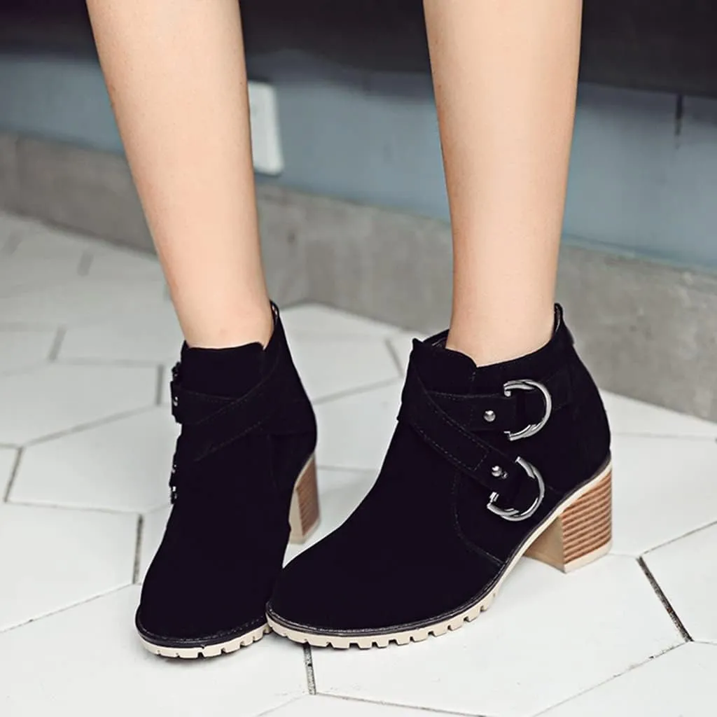 Women's Round Toe Buckle Dressy Ankle Boots Back Zipper Stacked Mid Heel Dress Office Short Booties