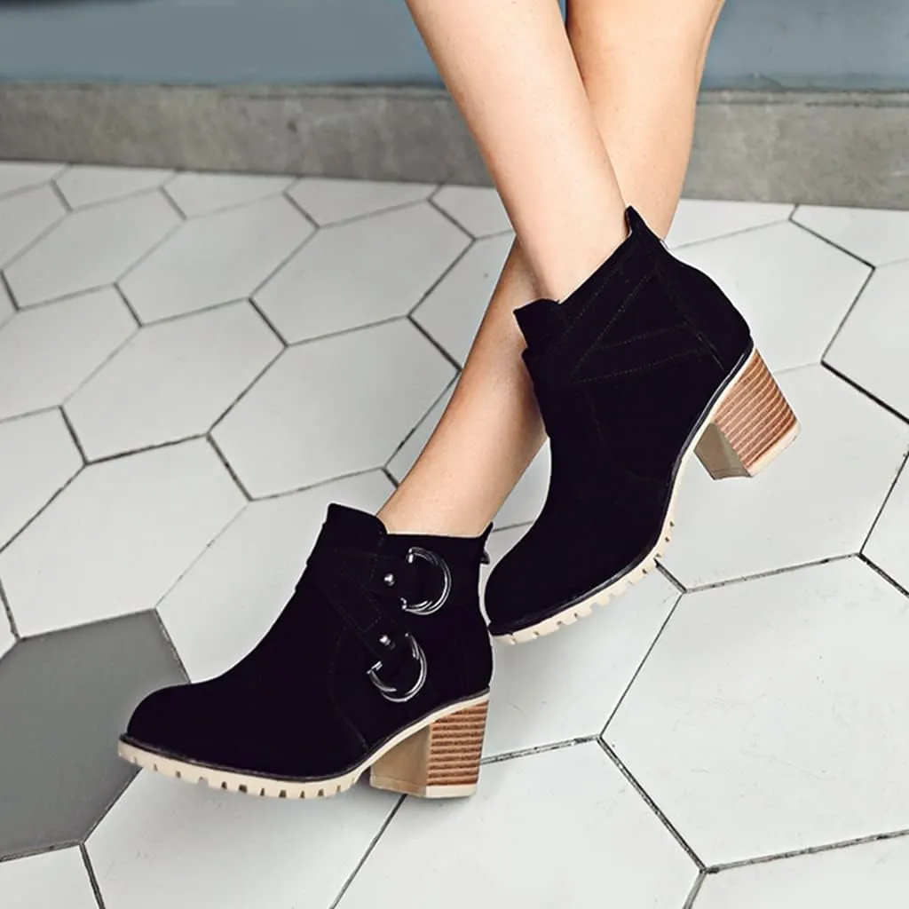 Women's Round Toe Buckle Dressy Ankle Boots Back Zipper Stacked Mid Heel Dress Office Short Booties