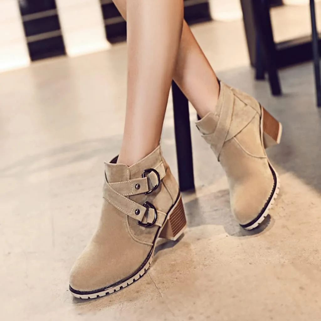 Women's Round Toe Buckle Dressy Ankle Boots Back Zipper Stacked Mid Heel Dress Office Short Booties