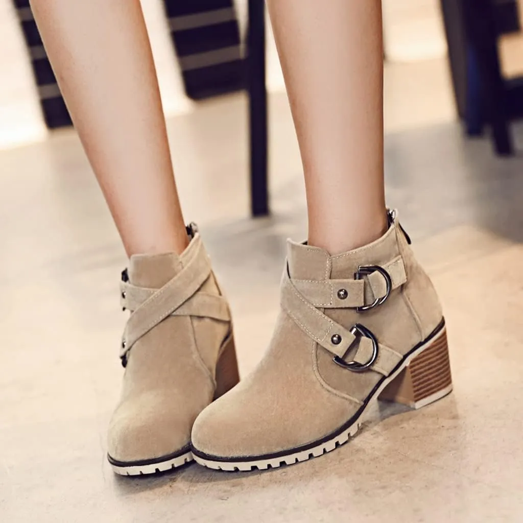 Women's Round Toe Buckle Dressy Ankle Boots Back Zipper Stacked Mid Heel Dress Office Short Booties
