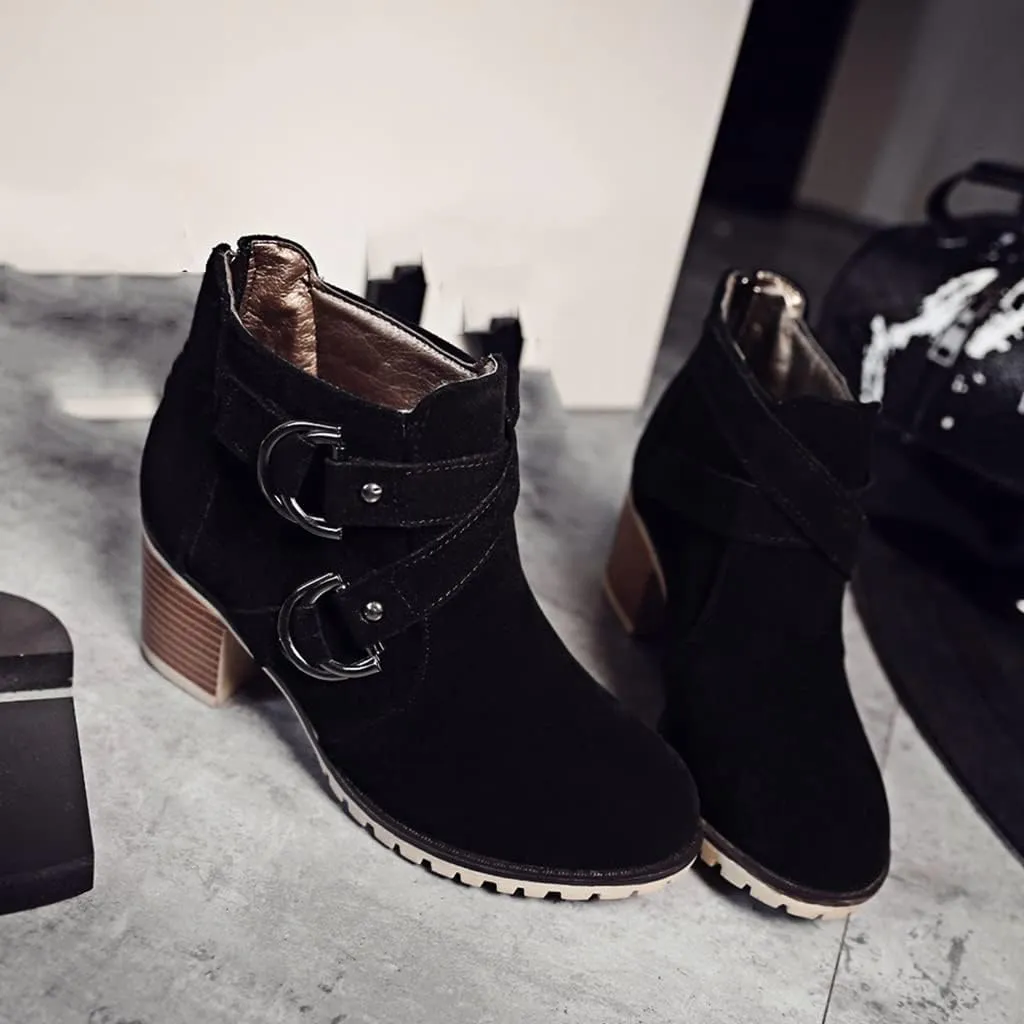 Women's Round Toe Buckle Dressy Ankle Boots Back Zipper Stacked Mid Heel Dress Office Short Booties