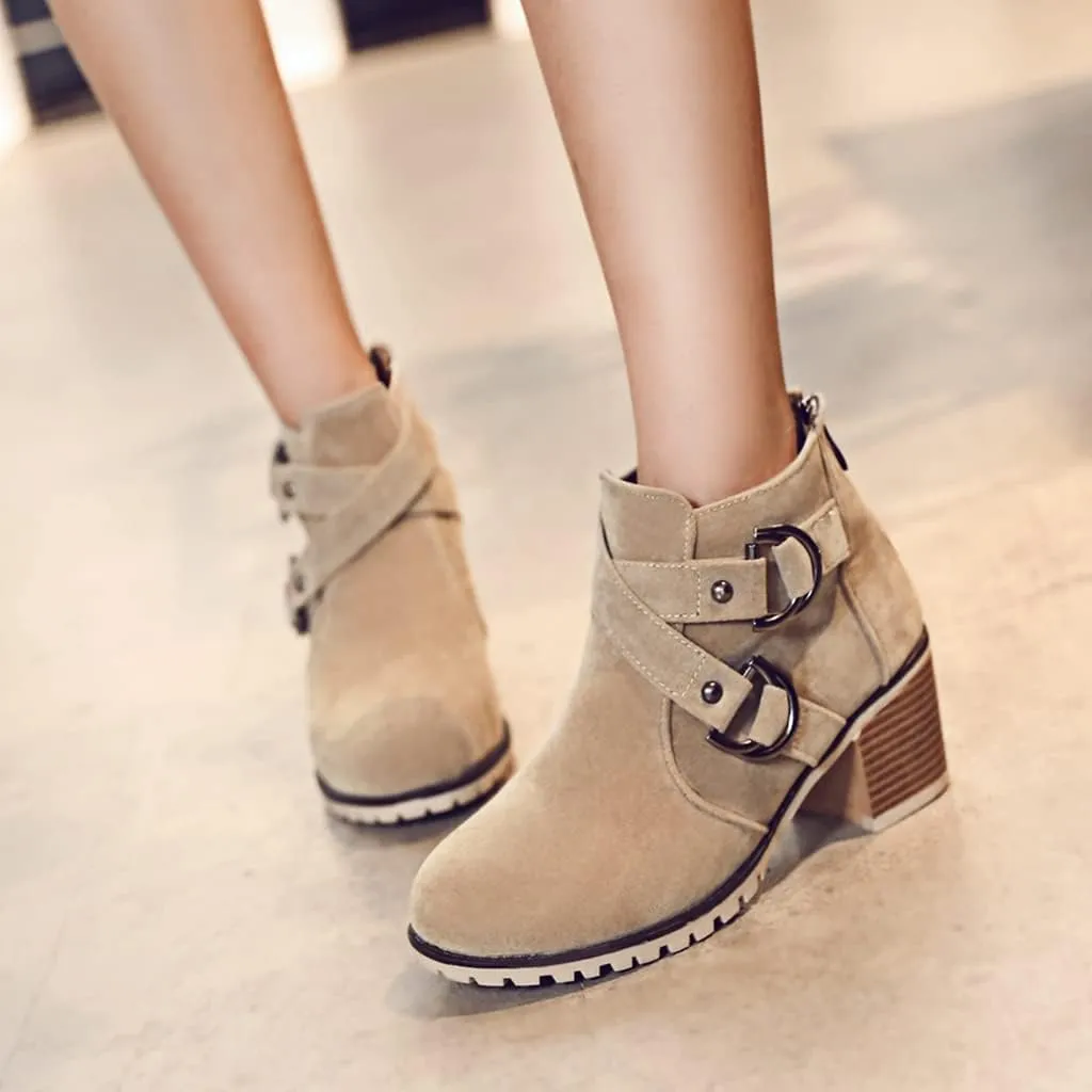 Women's Round Toe Buckle Dressy Ankle Boots Back Zipper Stacked Mid Heel Dress Office Short Booties