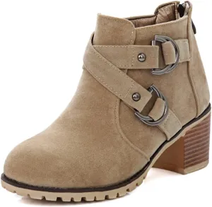 Women's Round Toe Buckle Dressy Ankle Boots Back Zipper Stacked Mid Heel Dress Office Short Booties