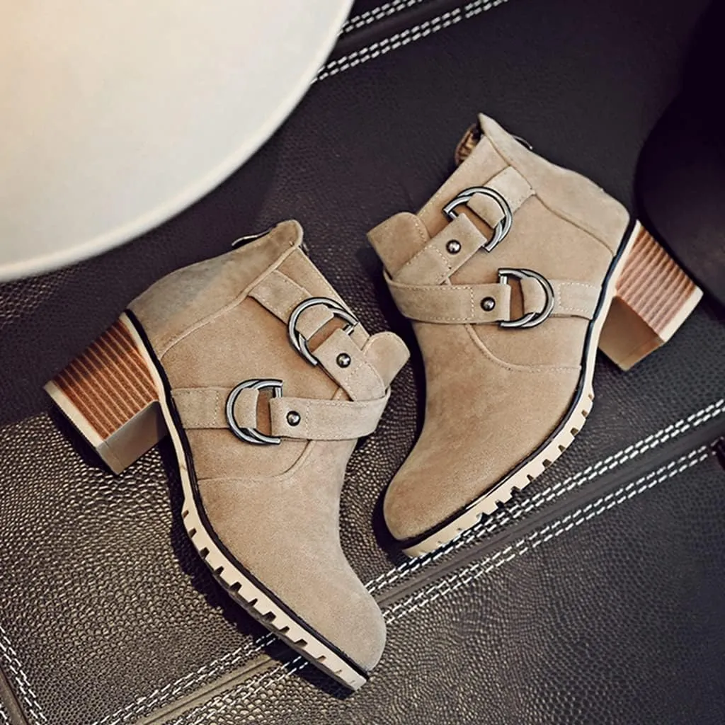 Women's Round Toe Buckle Dressy Ankle Boots Back Zipper Stacked Mid Heel Dress Office Short Booties