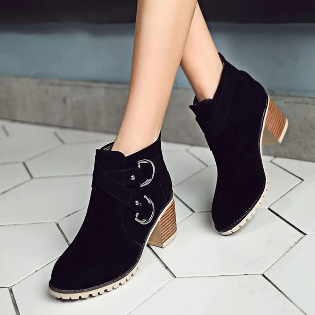 Women's Round Toe Buckle Dressy Ankle Boots Back Zipper Stacked Mid Heel Dress Office Short Booties