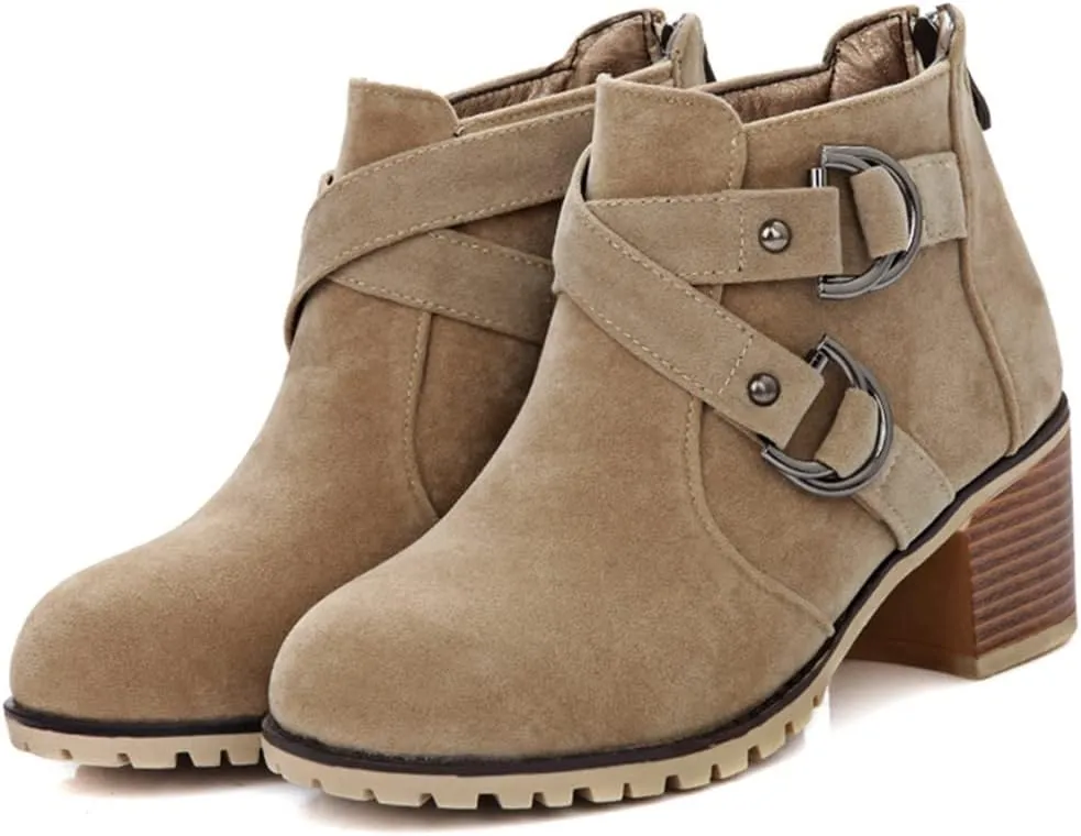 Women's Round Toe Buckle Dressy Ankle Boots Back Zipper Stacked Mid Heel Dress Office Short Booties